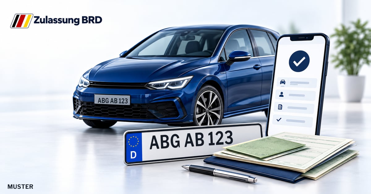 Online Fahrzeugzulassung in Altenburg: Musterkennzeichen ABG AB 123, Auto und Fahrzeugpapiere und Smartphone. Illustration mit Logo von Zulassung BRD.